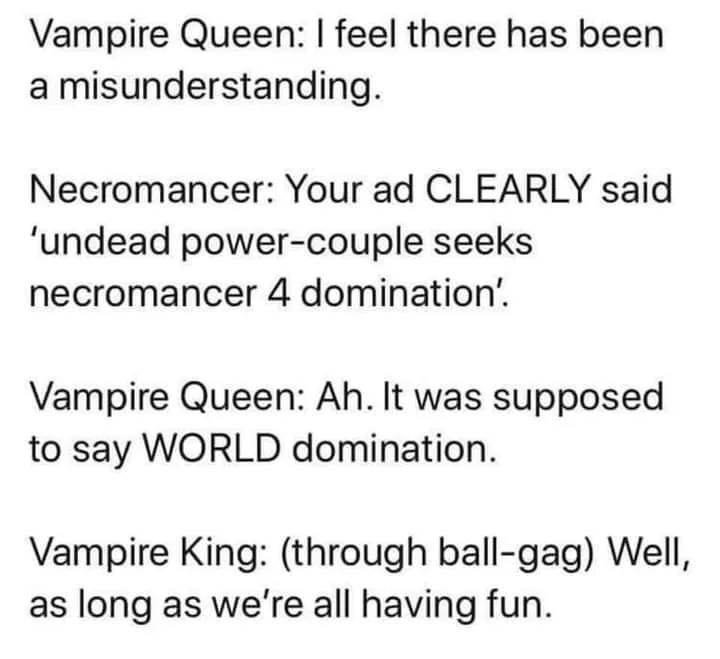 A white background image displays a four-part dialogue between a Vampire Queen, a Necromancer, and a Vampire King. The text…