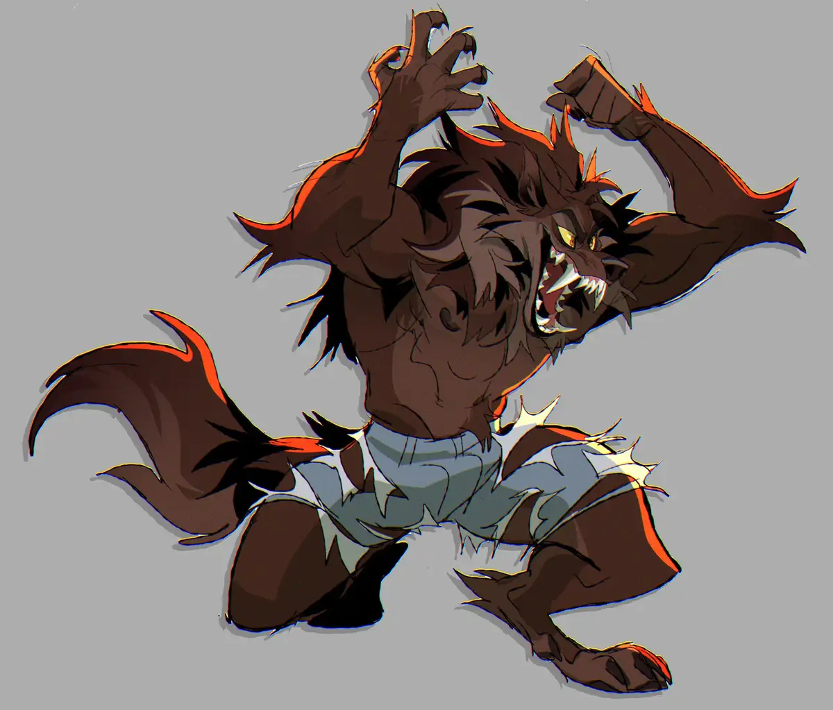An angry, furry werewolf-like creature with glowing yellow eyes, bared fangs, and claws is depicted in a rage pose, wearing…