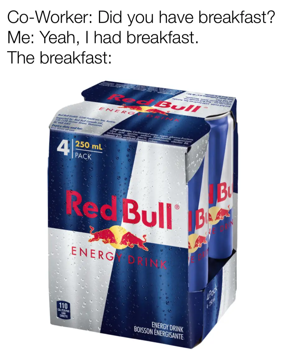 An image of a 4-pack of Red Bull energy drink cans with condensation droplets on the packaging. Overlaid text reads…