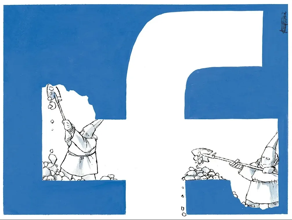 The image shows a large blue Facebook 'f' logo with two dwarves inside. The dwarf on the left is digging upward with a…