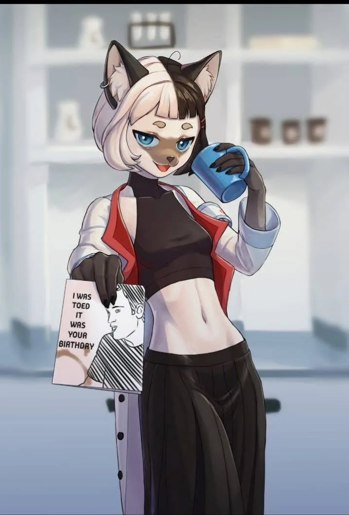 An anime-style anthropomorphic cat woman with white and black hair, blue eyes, and cat ears is holding a blue mug in one…