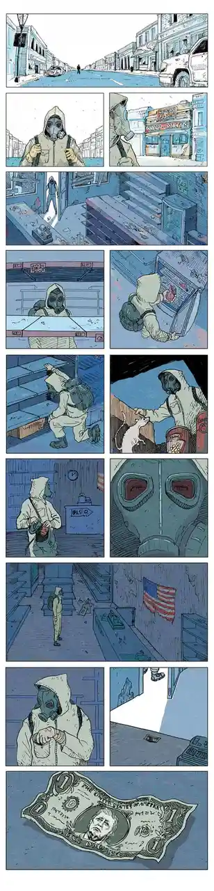 A comic strip depicts a person in a gas mask and hood entering a desolate, abandoned convenience store. They search empty…
