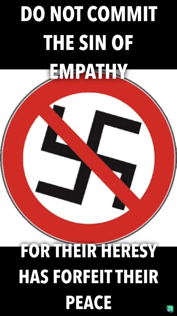 The image displays a red circle with a diagonal slash over a black swastika, a symbol historically associated with Nazi…