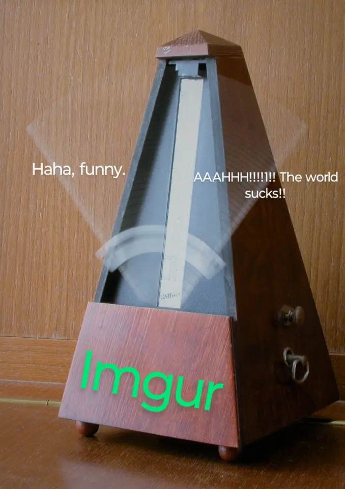 A wooden metronome with a glass front is shown against a wood-paneled wall. The metronome's pendulum is blurred, indicating…
