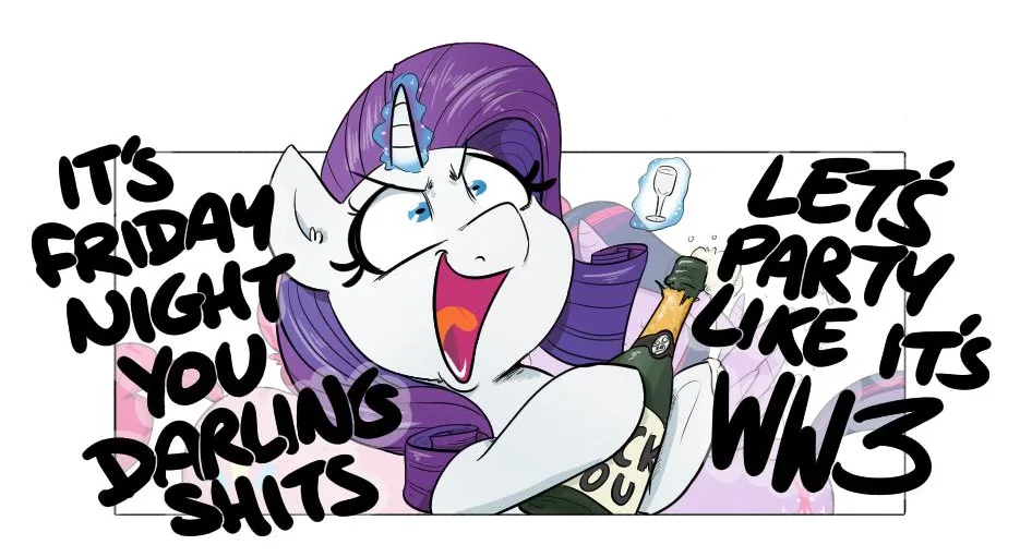 A cartoon pony with purple hair and a horn, wearing a purple outfit and holding a bottle of champagne, is depicted with an…