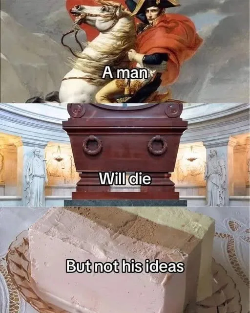The image is a three-panel meme. The top panel shows a classical painting of Napoleon Bonaparte on a white horse, with the…