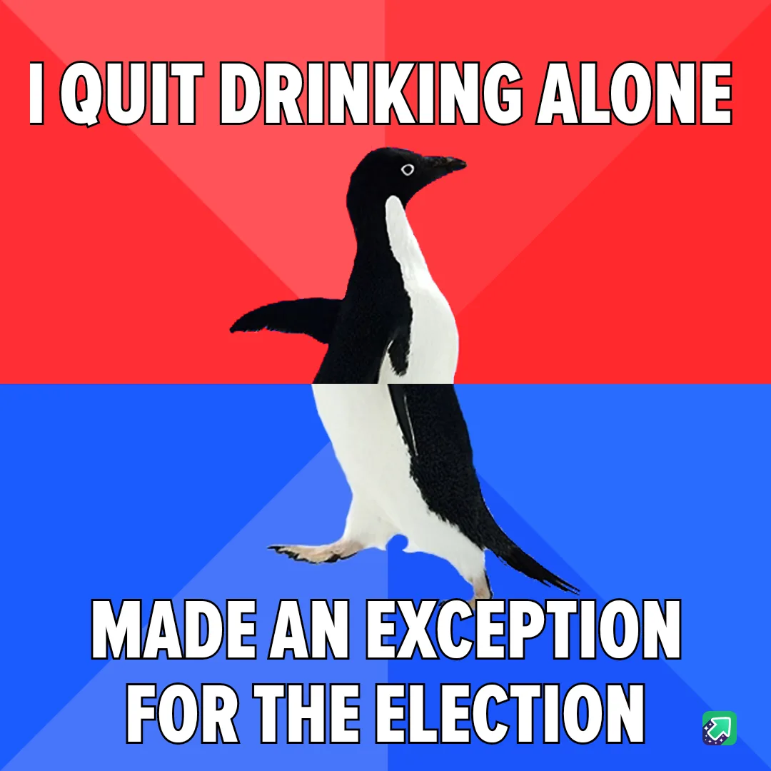 A penguin stands centered against a red and blue background, with bold white text at the top reading 'I QUIT DRINKING ALONE'…