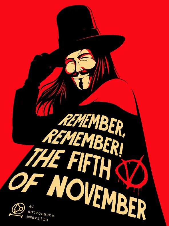 A stylized poster features a figure in a black top hat and Guy Fawkes mask, reminiscent of the V for Vendetta character, set…
