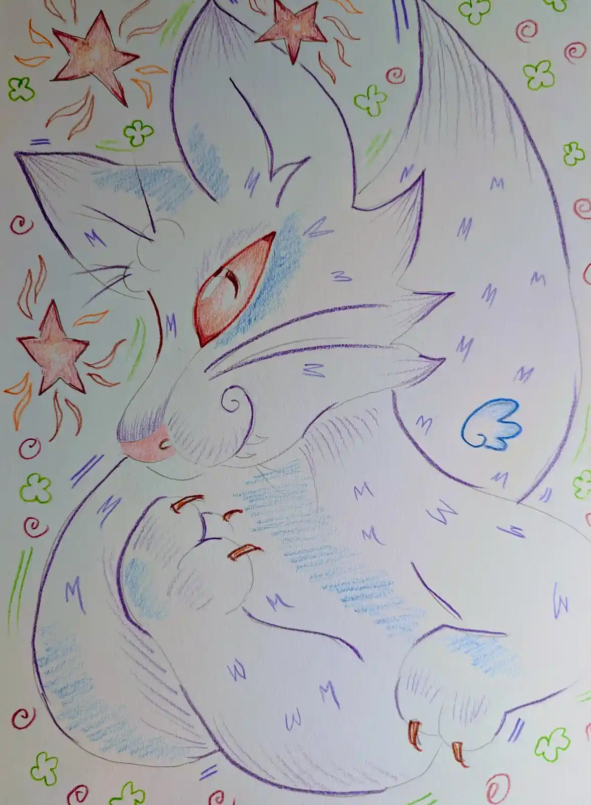 A hand-drawn, colorful sketch of a white, fox-like creature with large pointed ears and a curled tail, curled up in a…
