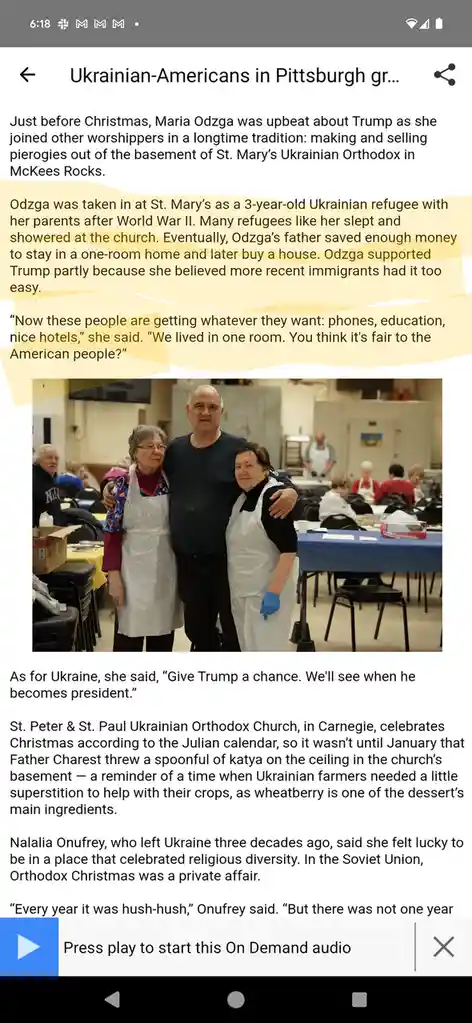 A screenshot of a news article about Ukrainian-Americans in Pittsburgh making pierogies, with a highlighted quote from Maria…