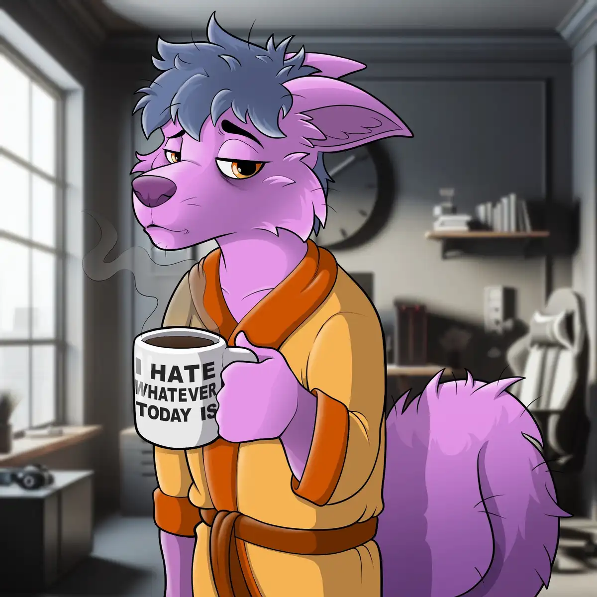 A purple anthropomorphic wolf with messy gray hair and a grumpy expression wears a tan robe and holds a steaming mug. The…