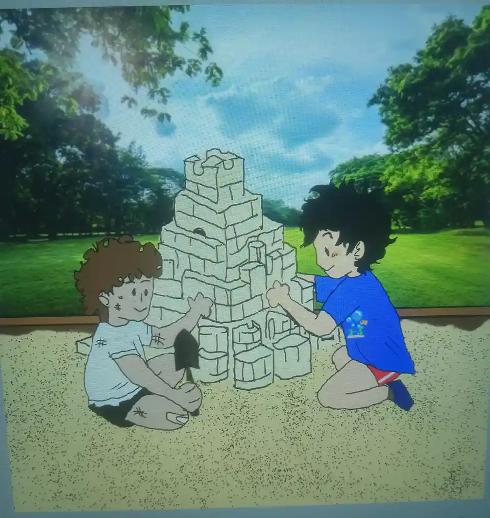 Two cartoon children are happily building a large, detailed sandcastle in a park. The child on the left, with brown curly…