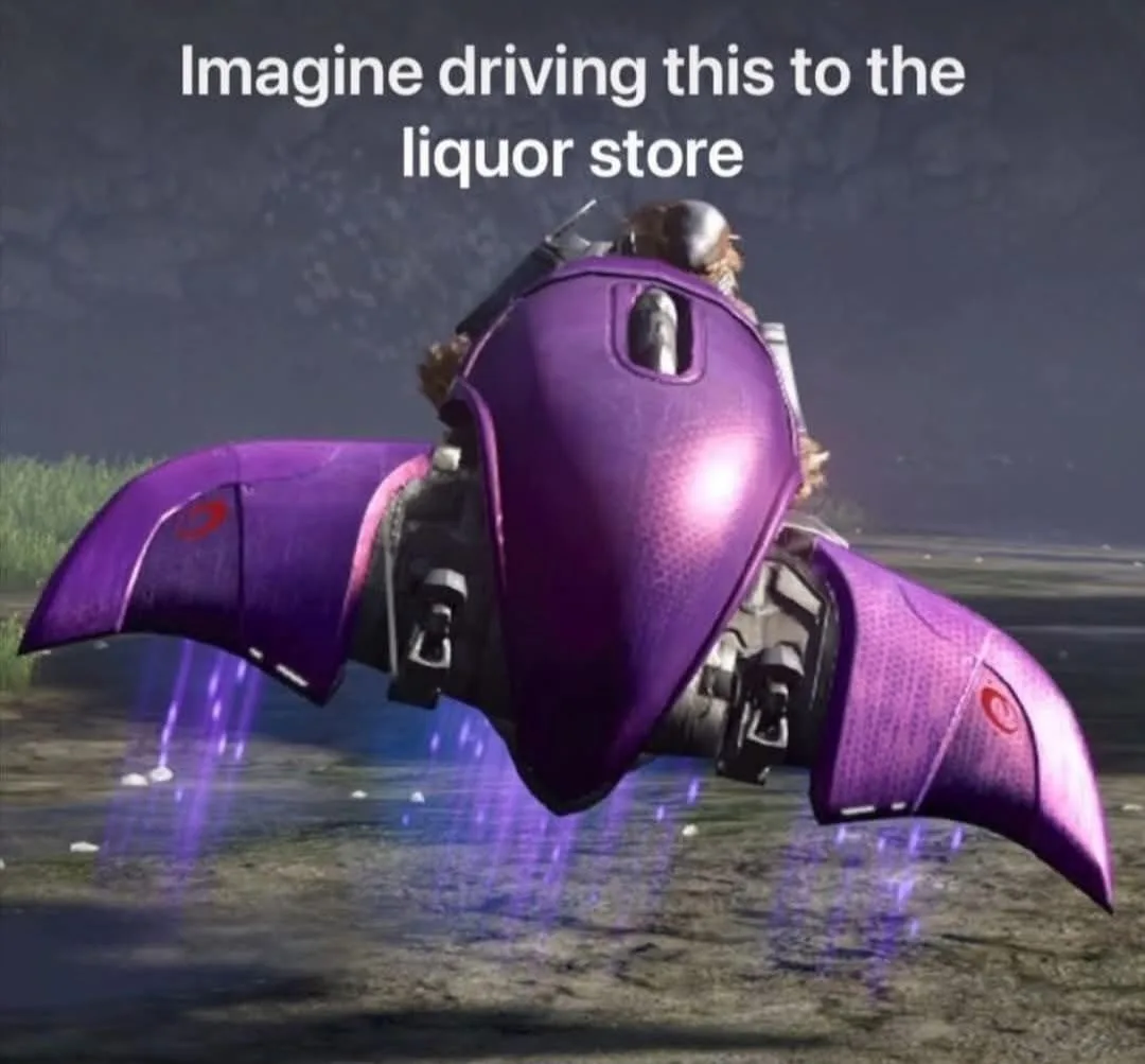 A purple, bat-like hover vehicle from a video game hovers over a muddy field, with a rider visible in the cockpit. The…