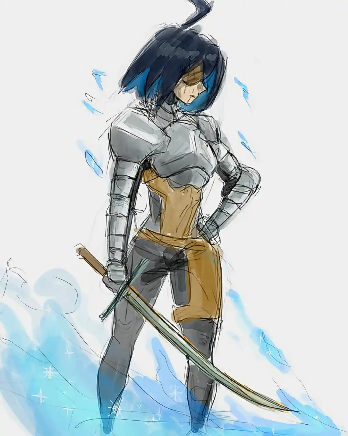 An anime-style illustration of a female warrior in silver armor and a blue mask, holding a sword while standing in a pool of…