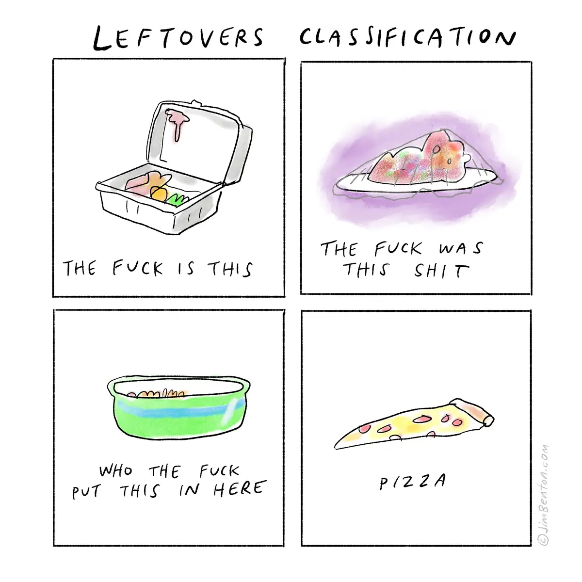 A four-panel comic titled 'LEFTOVERS CLASSIFICATION' shows a takeout container with unidentifiable food labeled 'THE FUCK IS…