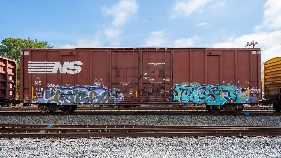 A brown freight train car covered in graffiti sits on railway tracks under a blue sky. The car has 'NS' branding and various…