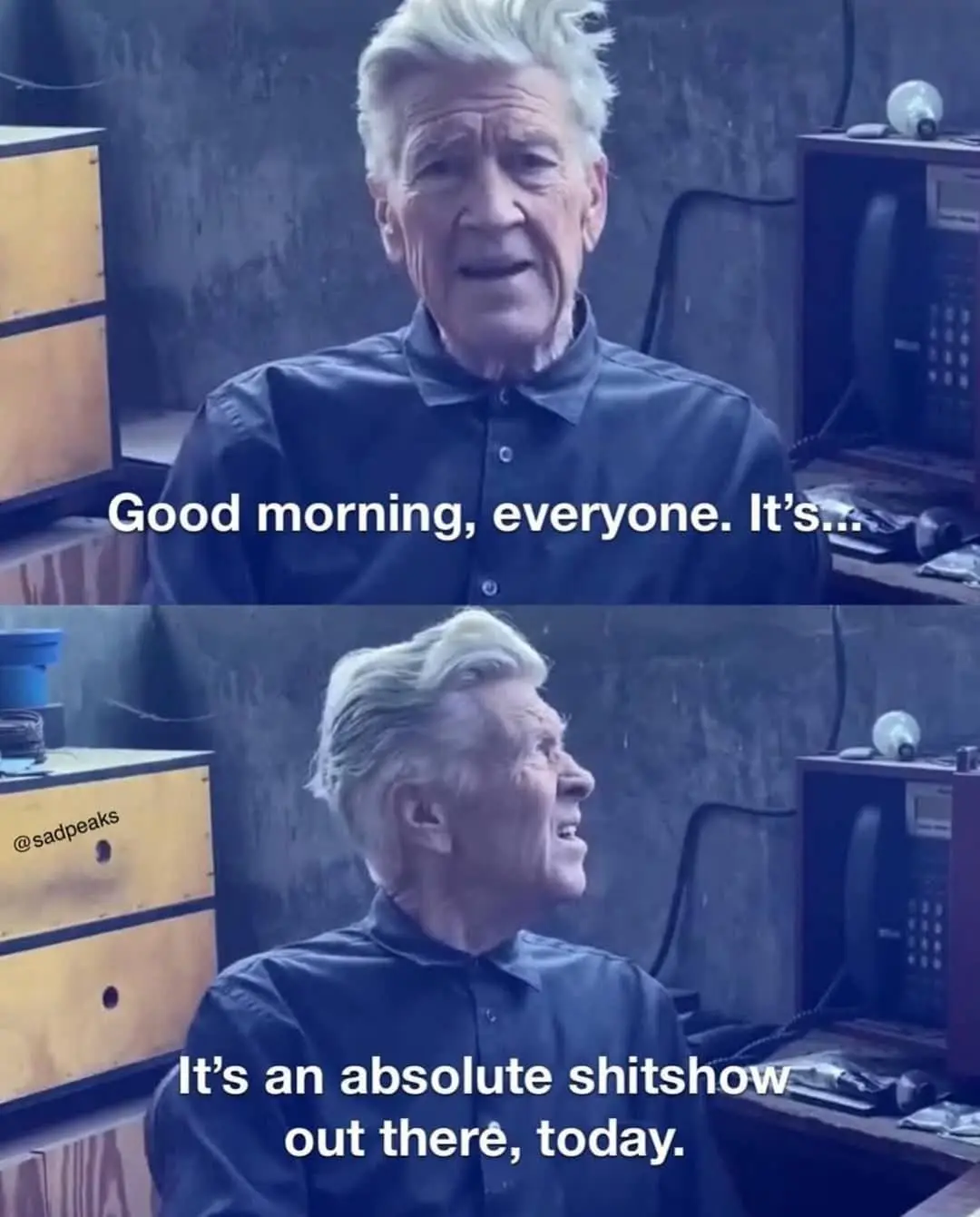 A two-panel meme featuring an older man with white hair in a dark shirt, first looking at the camera with a neutral…