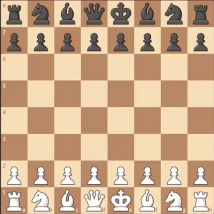 A standard chessboard with all pieces in their starting positions, white pieces on the bottom row and black pieces on the…