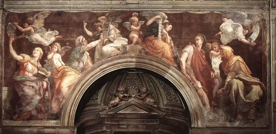 A classical Renaissance fresco depicting numerous angels and human figures in flowing robes, some holding scrolls, arranged…