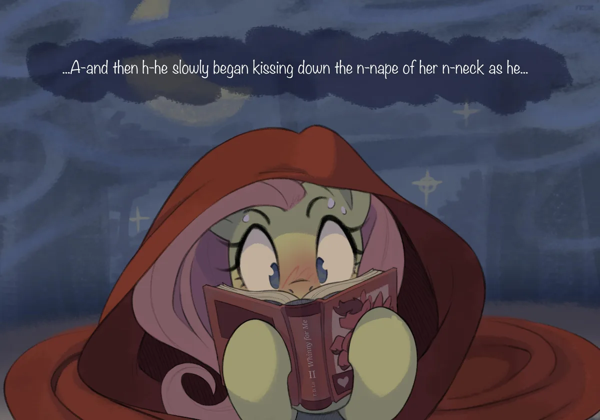 An anime-style pony with purple hair and a red hood is curled up reading a book titled 'Whinny for Me II' by E.D. Lis. Her…
