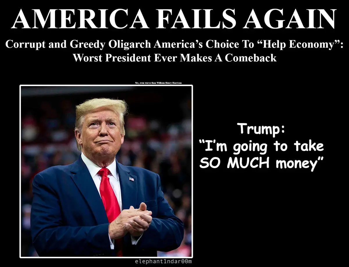 The image features a photo of Donald Trump in a dark suit and red tie, clapping his hands. Overlaid text at the top reads…