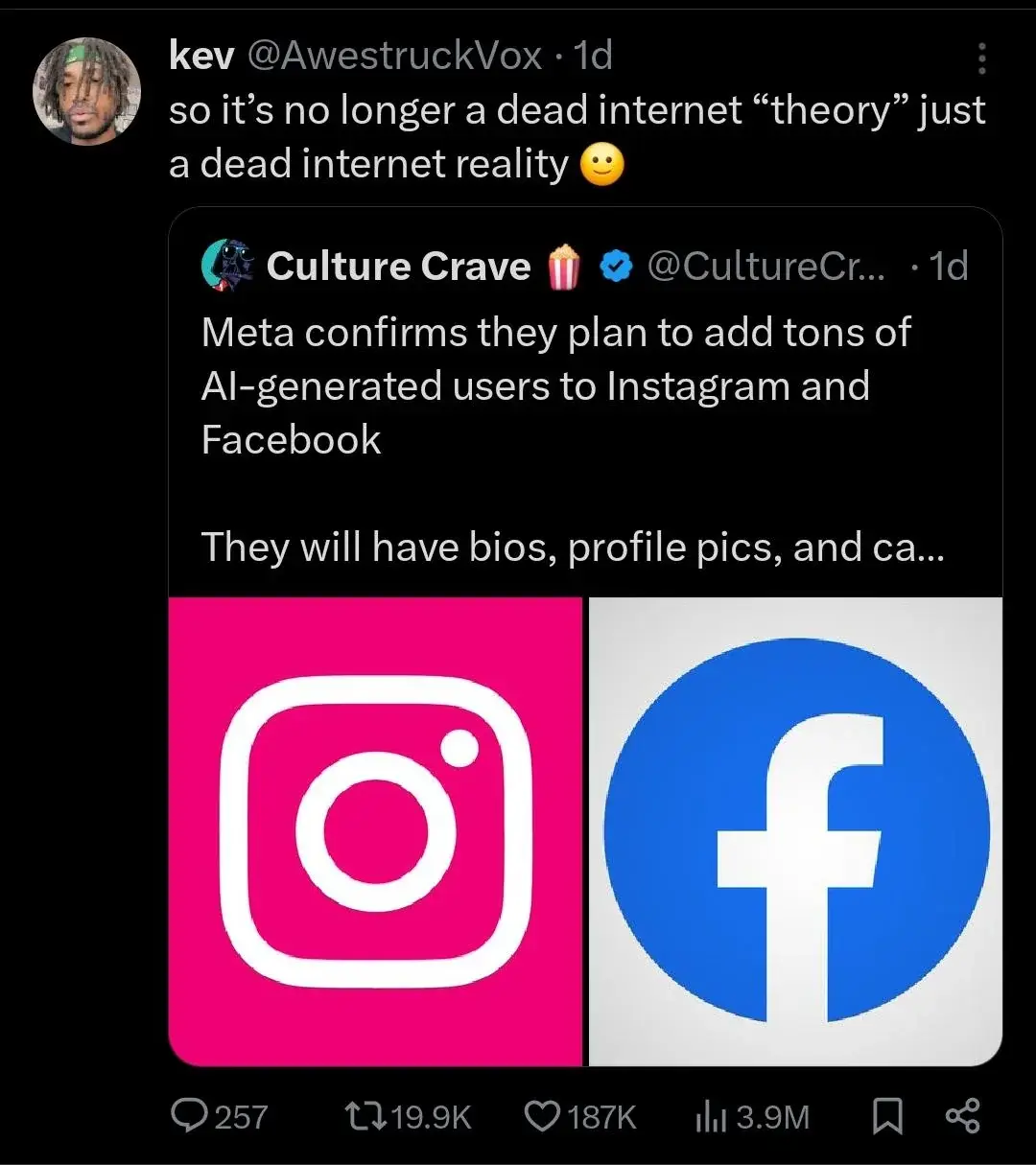 A screenshot of a tweet from 'Culture Crave' announcing Meta's plan to add AI-generated users to Instagram and Facebook…