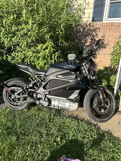 A black Harley-Davidson LiveWire electric motorcycle is parked on grass next to a brick house and green bushes. The bike's…