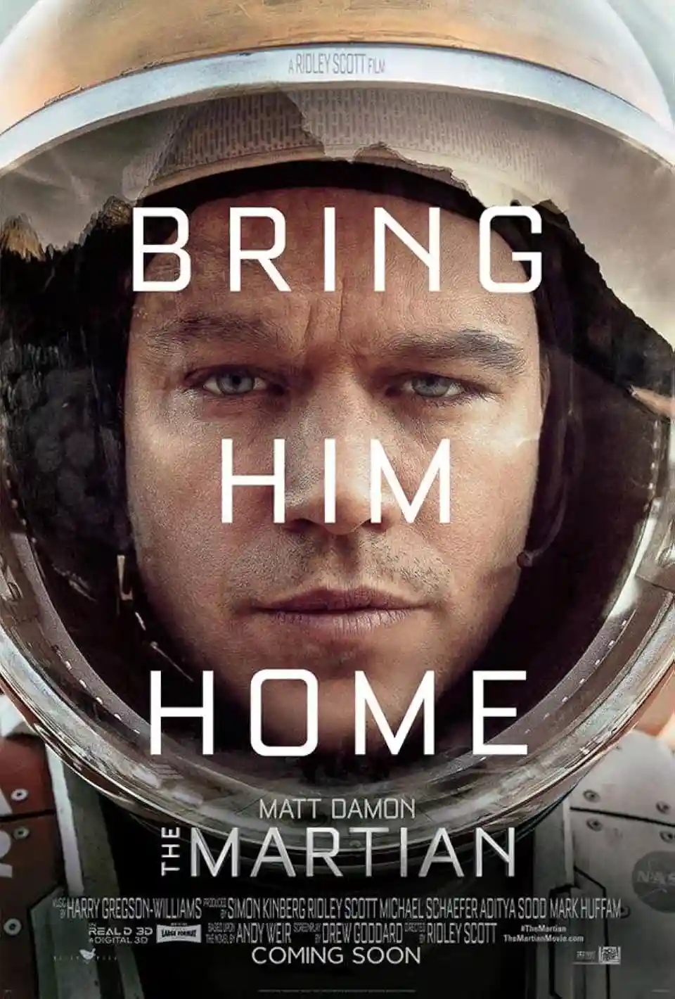 A movie poster for 'The Martian' featuring astronaut Matt Damon in a helmet, with the text 'BRING HIM HOME' overlaid in…