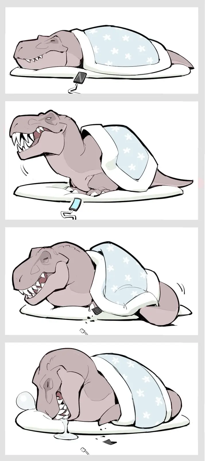 A four-panel comic strip shows a cartoon T-Rex sleeping under a star-patterned blanket, then waking up in shock as its phone…