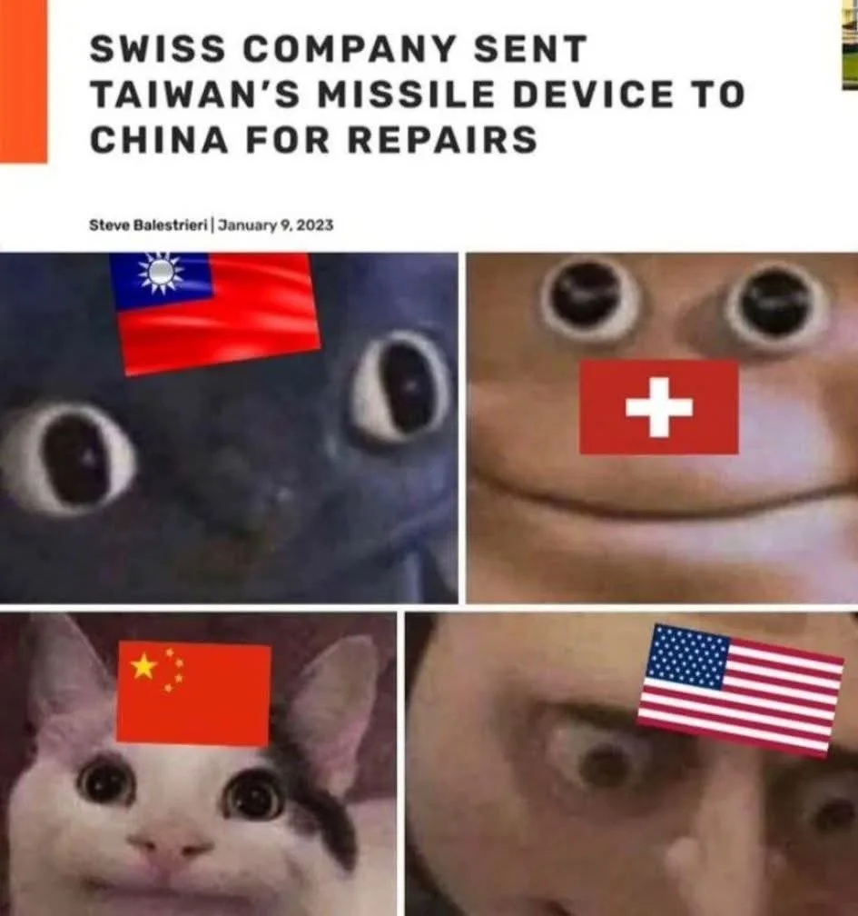 The image displays a four-panel meme with overlaid flags and shocked expressions. Top left: a dark blue dragon-like creature…