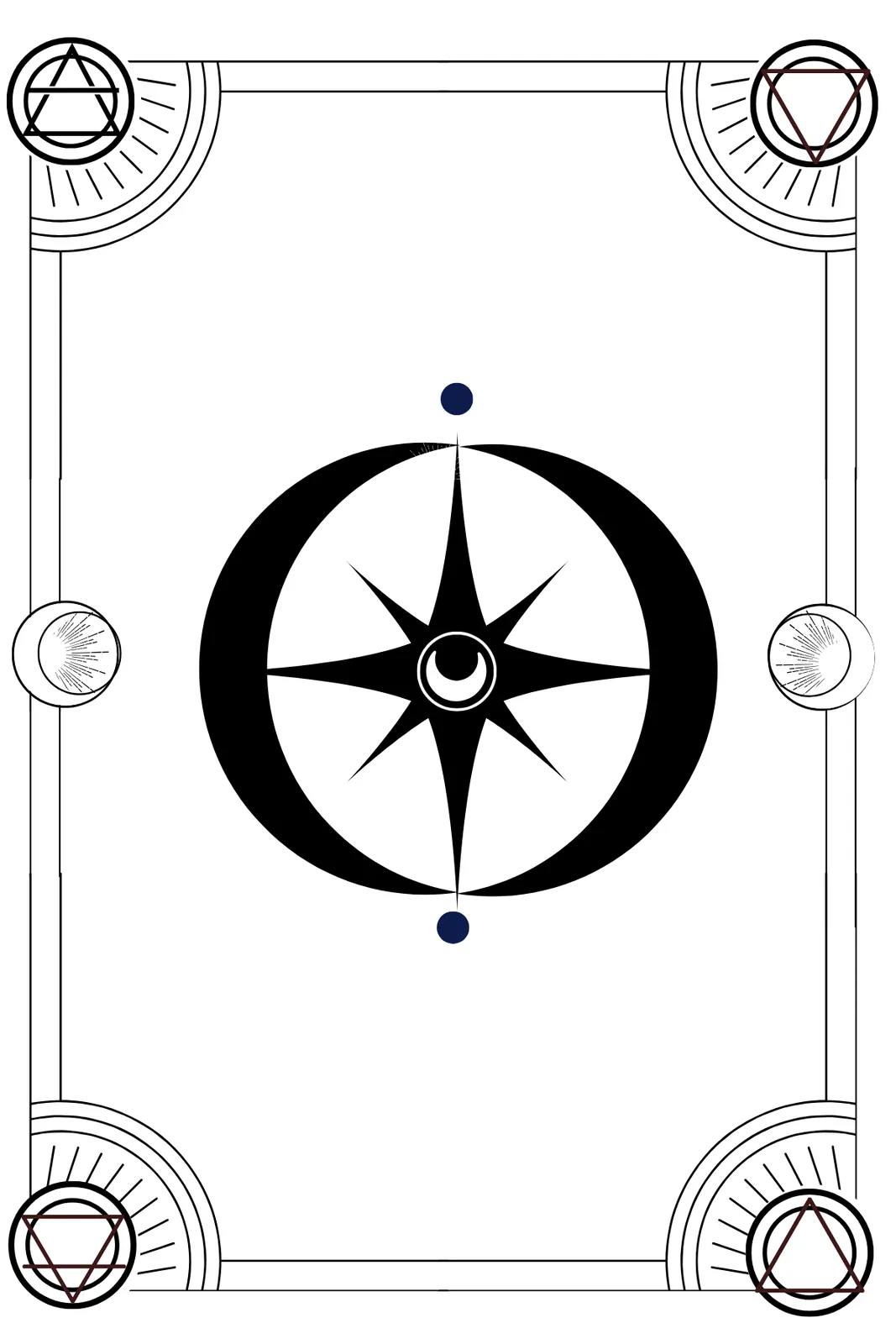 A black-and-white symbolic illustration features a central compass rose with an eye in its center, surrounded by a thick…