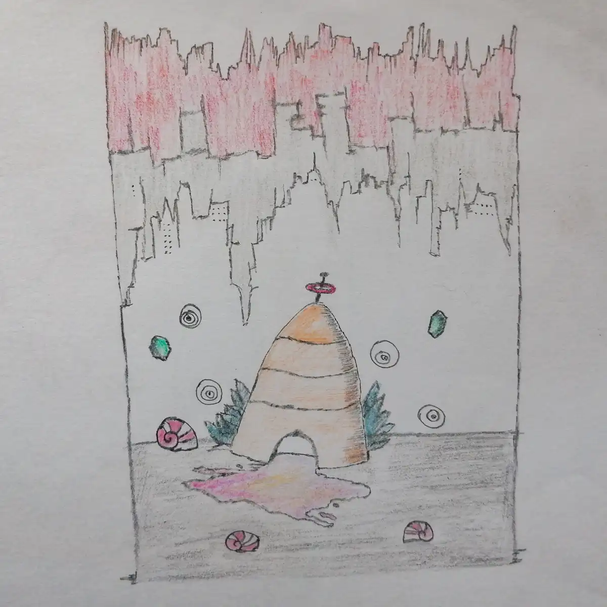 A hand-drawn, colored pencil sketch depicts a surreal scene: a conical, striped dwelling with a small pink halo-like object…