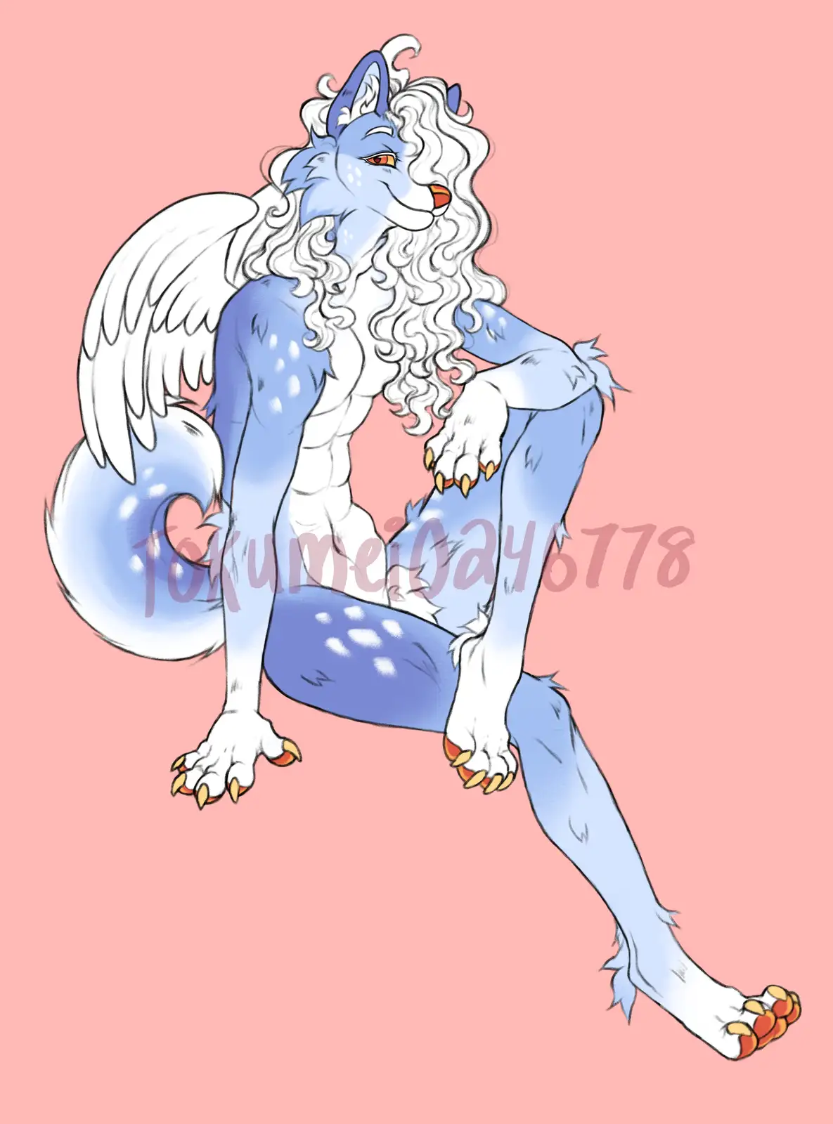 A blue-furred anthropomorphic fox with white wings, a long white curly beard, and a fluffy tail sits in a relaxed pose…