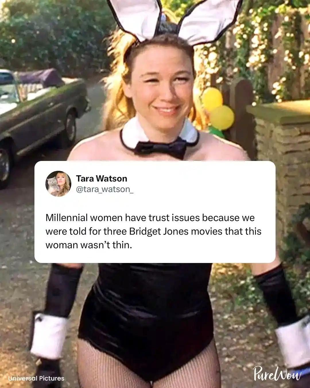 A woman in a black bunny costume with large white ears, a bow tie, and fishnet stockings smiles at the camera. A tweet…