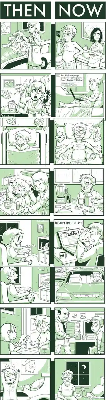 This comic strip contrasts a young boy's childhood sickness with his adult self's miserable state. On the left, 'THEN', the…