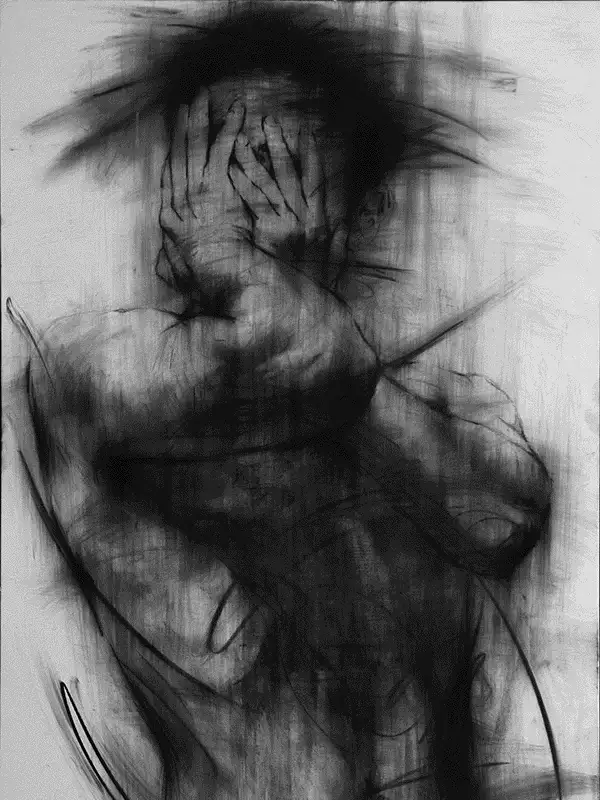 A black-and-white sketch depicts a person with their hands covering their face in an expression of distress or despair. The…