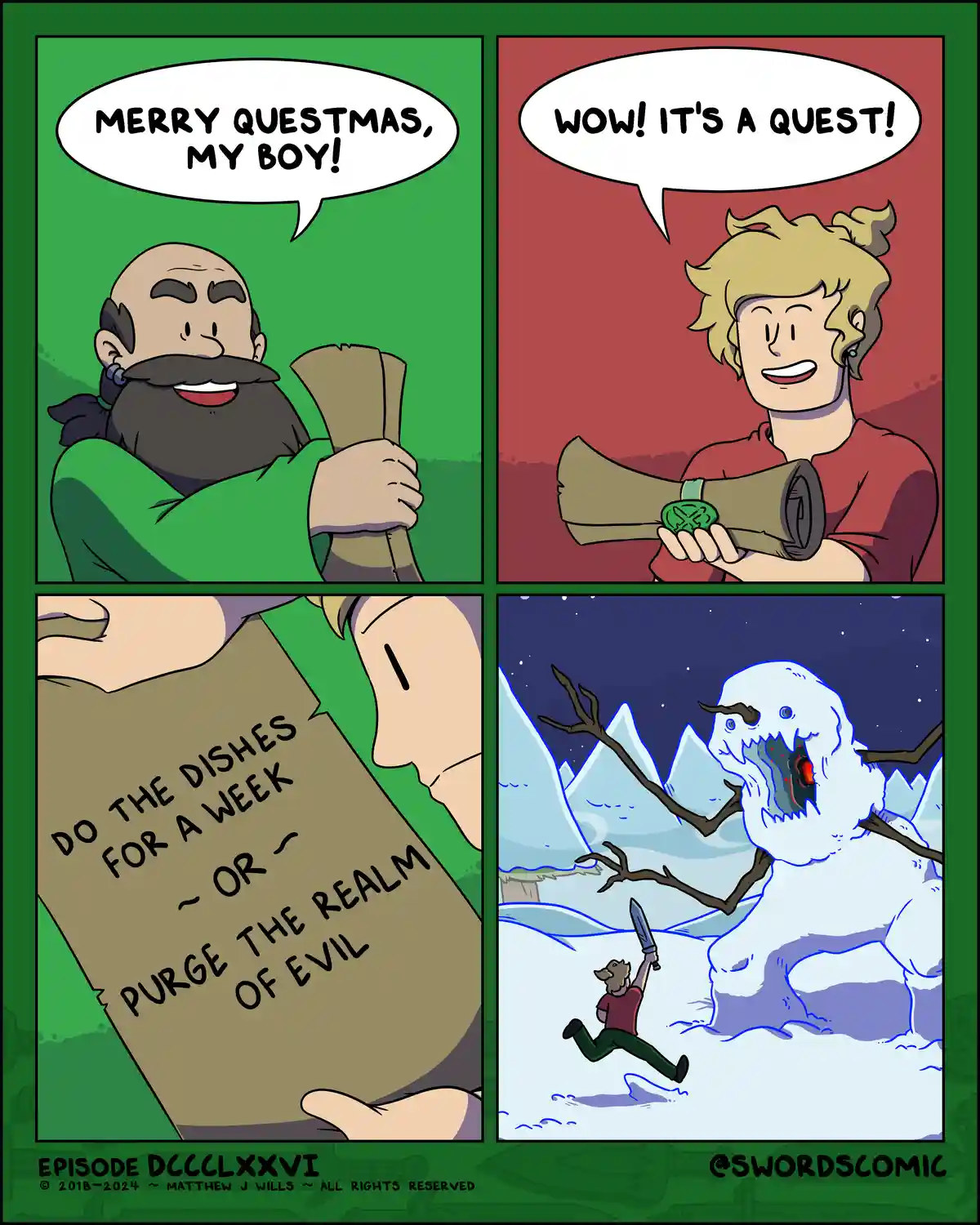 A four-panel comic shows a bearded man giving a scroll to a young hero. The hero excitedly exclaims 'WOW! IT'S A QUEST!' but…