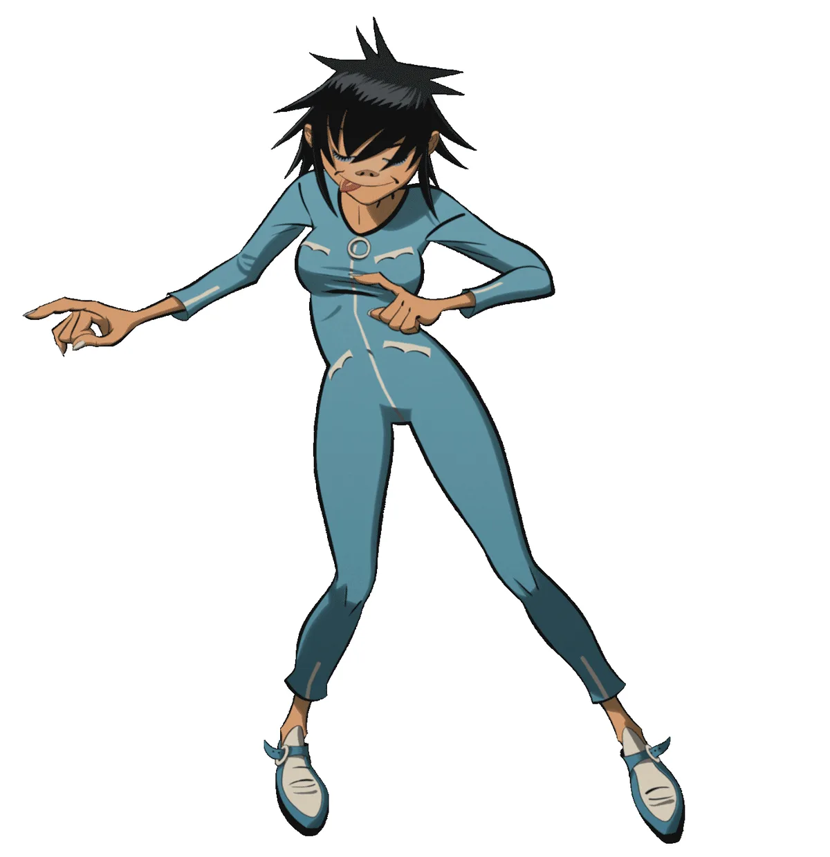 The image displays six panels of an anime character in a blue jumpsuit, each panel showing a different pose with the…