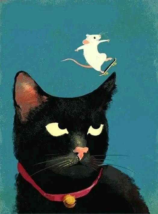 A black cat with glowing eyes and a red collar stares forward while a white mouse on a skateboard hovers above its head…