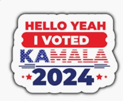 A white sticker with a scalloped edge features red, white, and blue text. The top line reads 'HELLO YEAH' in red. Below it…