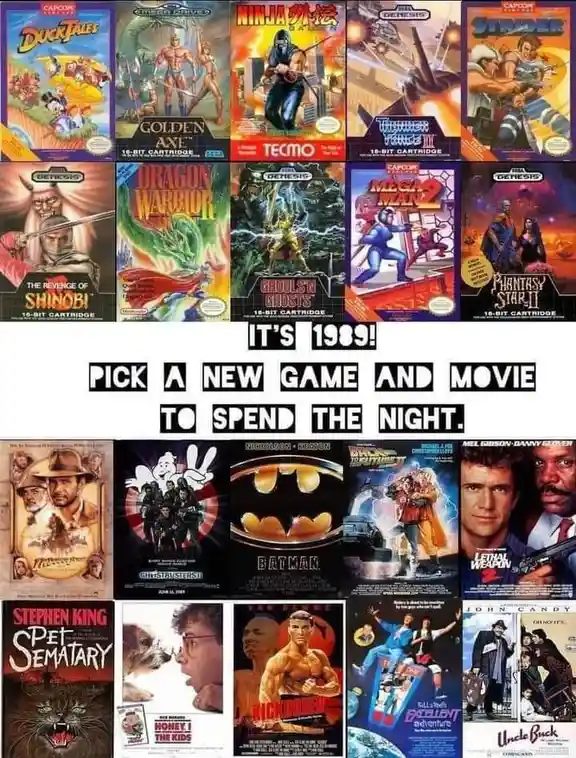 The image displays two grids: the top grid shows ten 1989 Sega Genesis video game covers, including Duck Tales, Golden Axe…