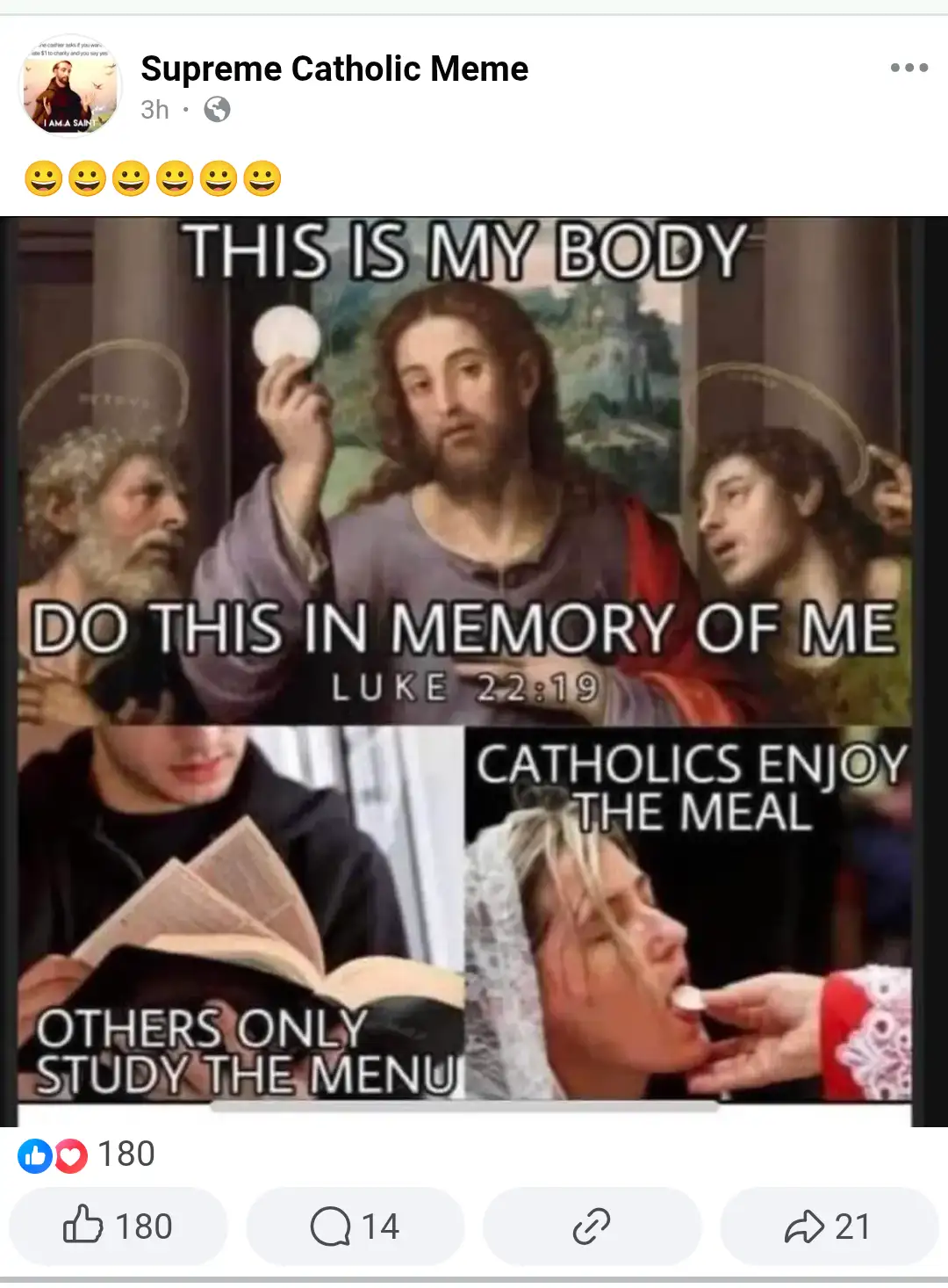 The image is a two-panel meme. The top panel shows a classical painting of Jesus holding a host with the text 'THIS IS MY…