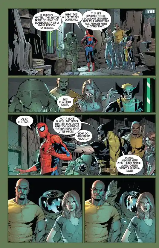 A comic book panel sequence shows Spider-Man and other heroes in a lab-like setting, discussing a trap that requires…