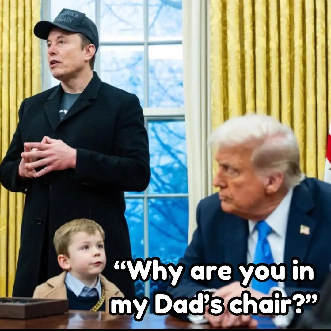 A photo shows Elon Musk standing in the Oval Office wearing a 'Make America Great Again' cap, with a young boy seated at the…