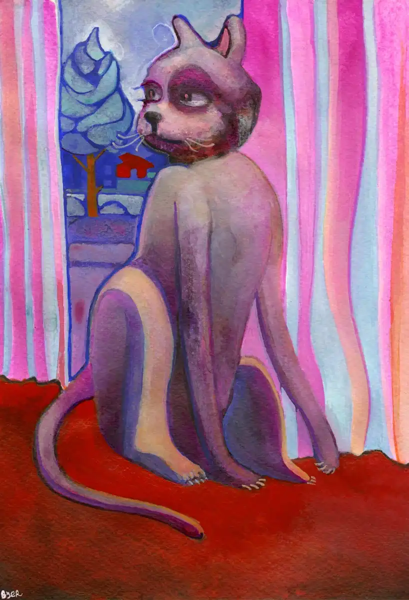 A surreal watercolor painting depicts a humanoid cat with a long tail and human-like posture, sitting on a red floor in…