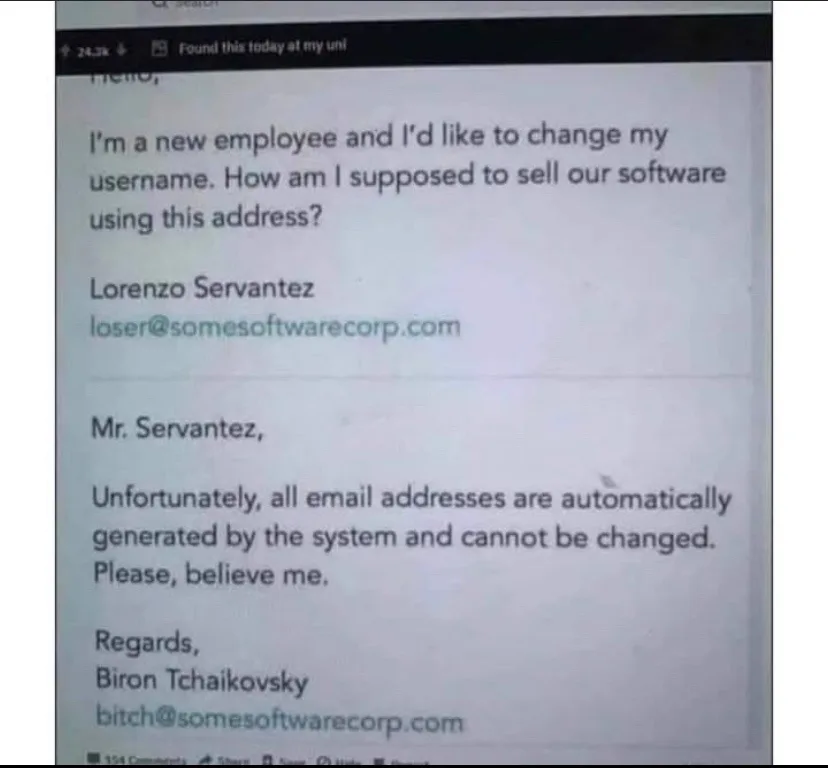 A screenshot of an email exchange where a new employee, Lorenzo Servantez, complains about his email address…
