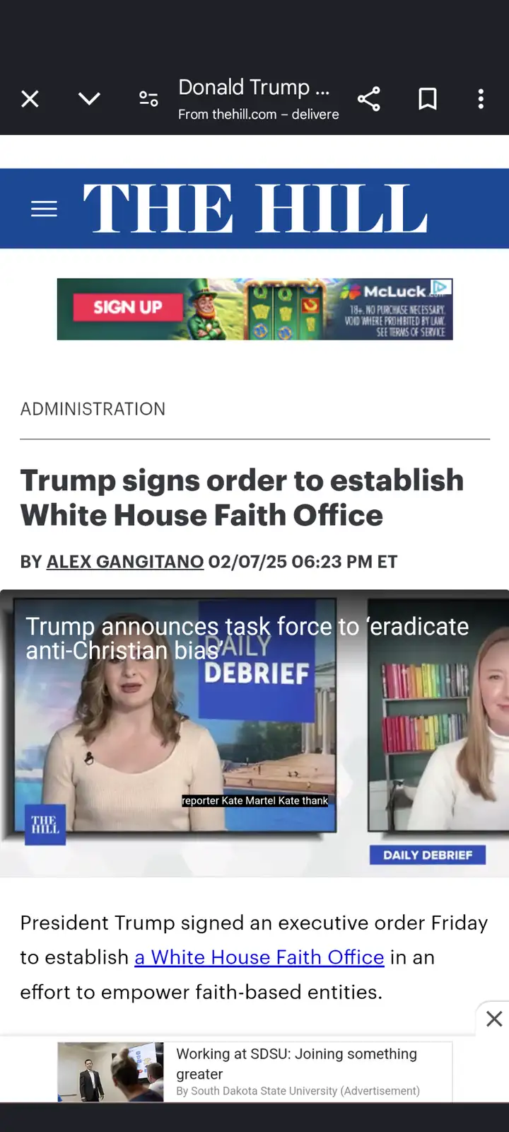 A screenshot of a The Hill news article about Trump signing an executive order to establish a White House Faith Office. The…