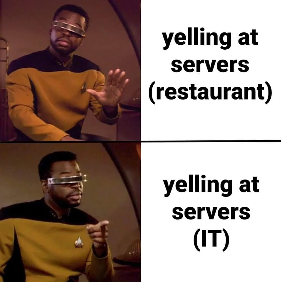 Two-panel meme featuring actor LeVar Burton as Geordi La Forge from Star Trek: The Next Generation. Top panel shows him…