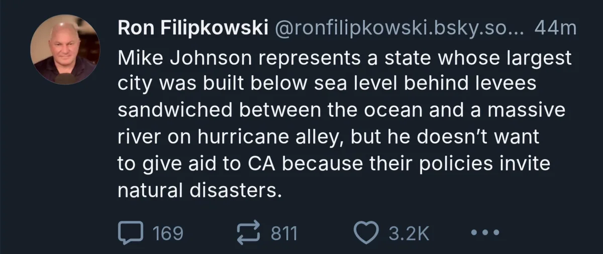 The image shows a screenshot of a social media post by Ron Filipkowski. The post's text criticizes Mike Johnson for…