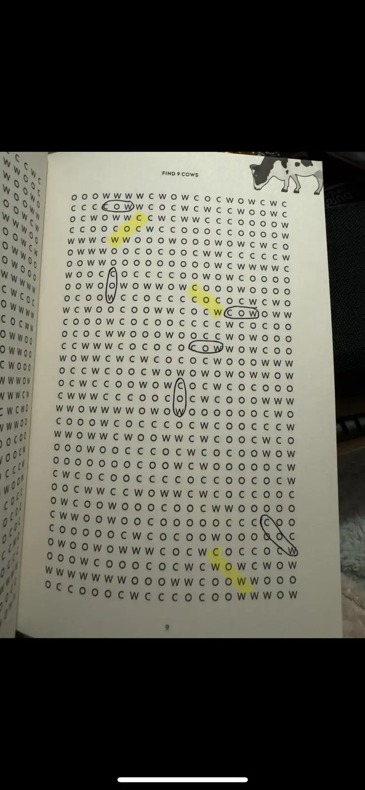 A word search puzzle page with the instruction 'FIND 9 COWS' at the top, featuring a grid of letters where several instances…